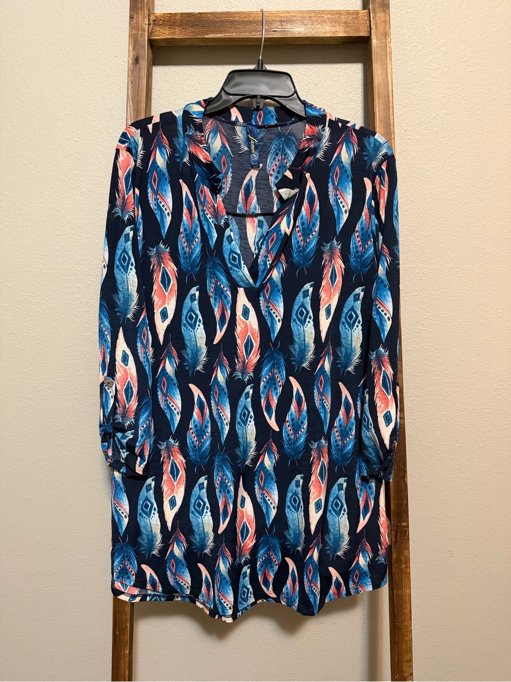 Navy Feather-Print V-Neck Blouse